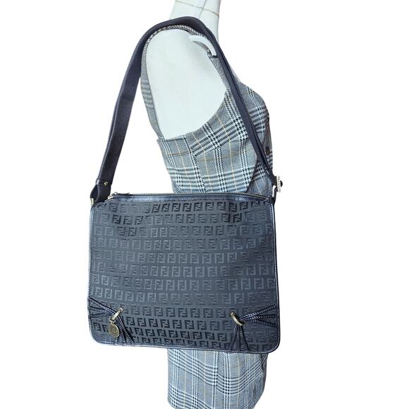 Fendi Black Zucchino Zucca Messenger Shoulder Charn Bag Vintage Y2K FF Logo - Picture 2 of 14